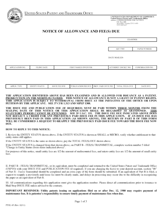 First page of Notice Of Allowance document